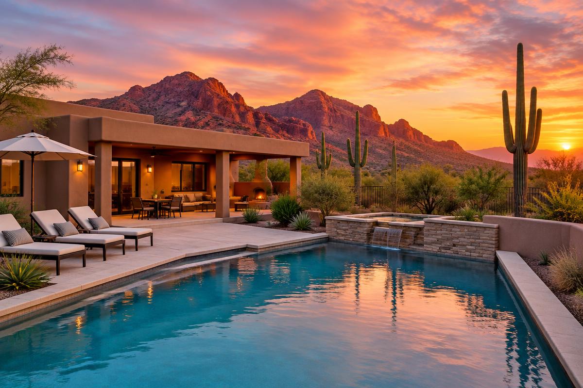 Adobe desert home with a pool and saguaro cacti below red mountains in Scottsdale